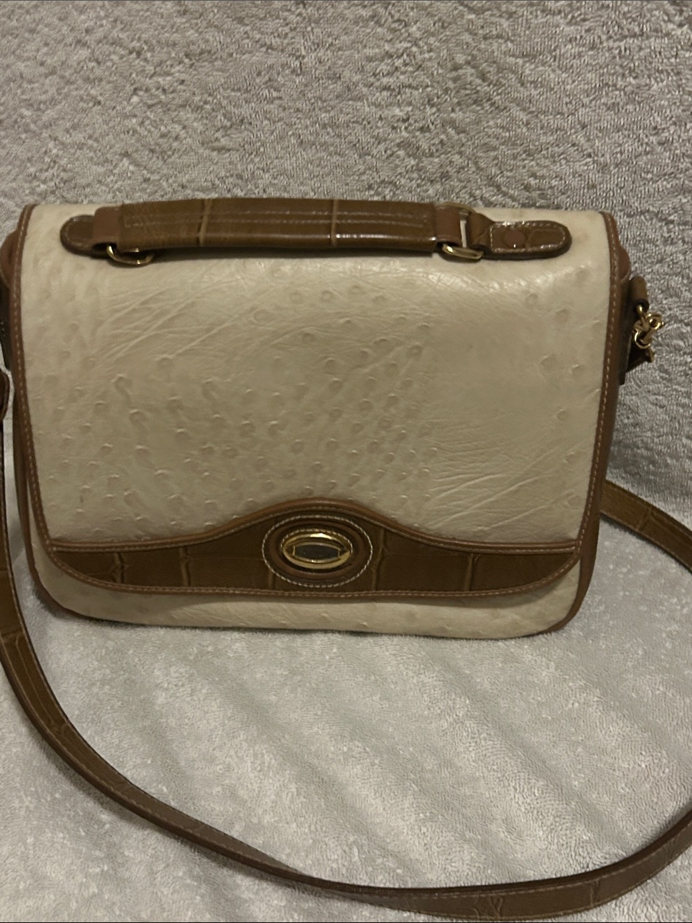Cream and Brown Faux-Ostrich Crossbody Bag with Gold Accent